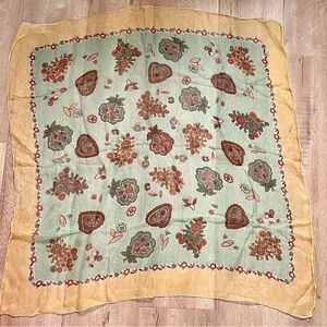 Vintage Square Light Hand Rolled Pure Silk Scarf Yellow Green Flowers 33”‎
